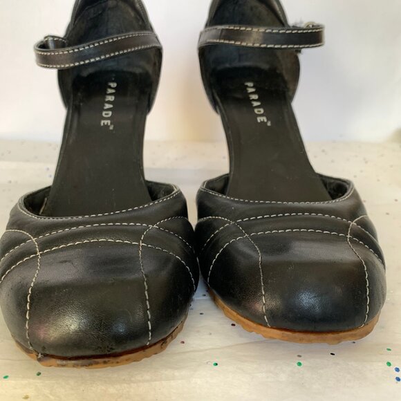 Parade VTG Y2K Black Leather Mary Jane d'Orsay Heels White Contrast Stitching 9 - Picture 8 of 16